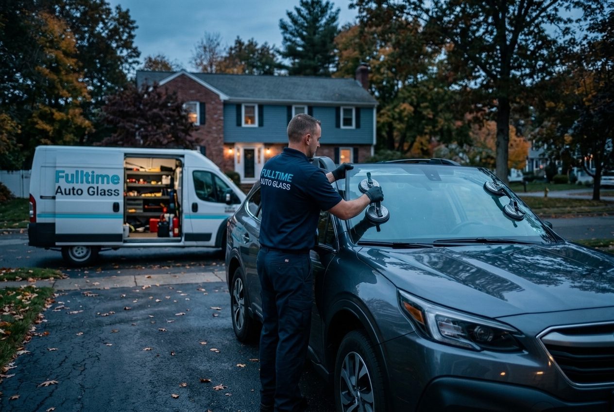 Fulltime Auto Glass technician replacing a windshield at a customer's home in Greater Boston